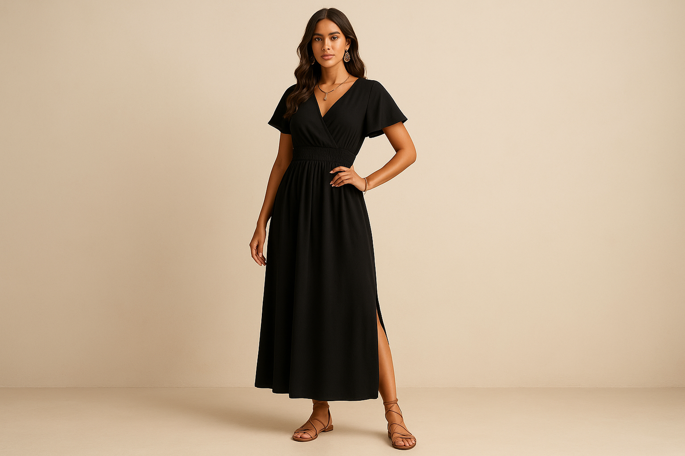 Robe Midi Légère à Col V – Taille Élastique & Fente pour Été
