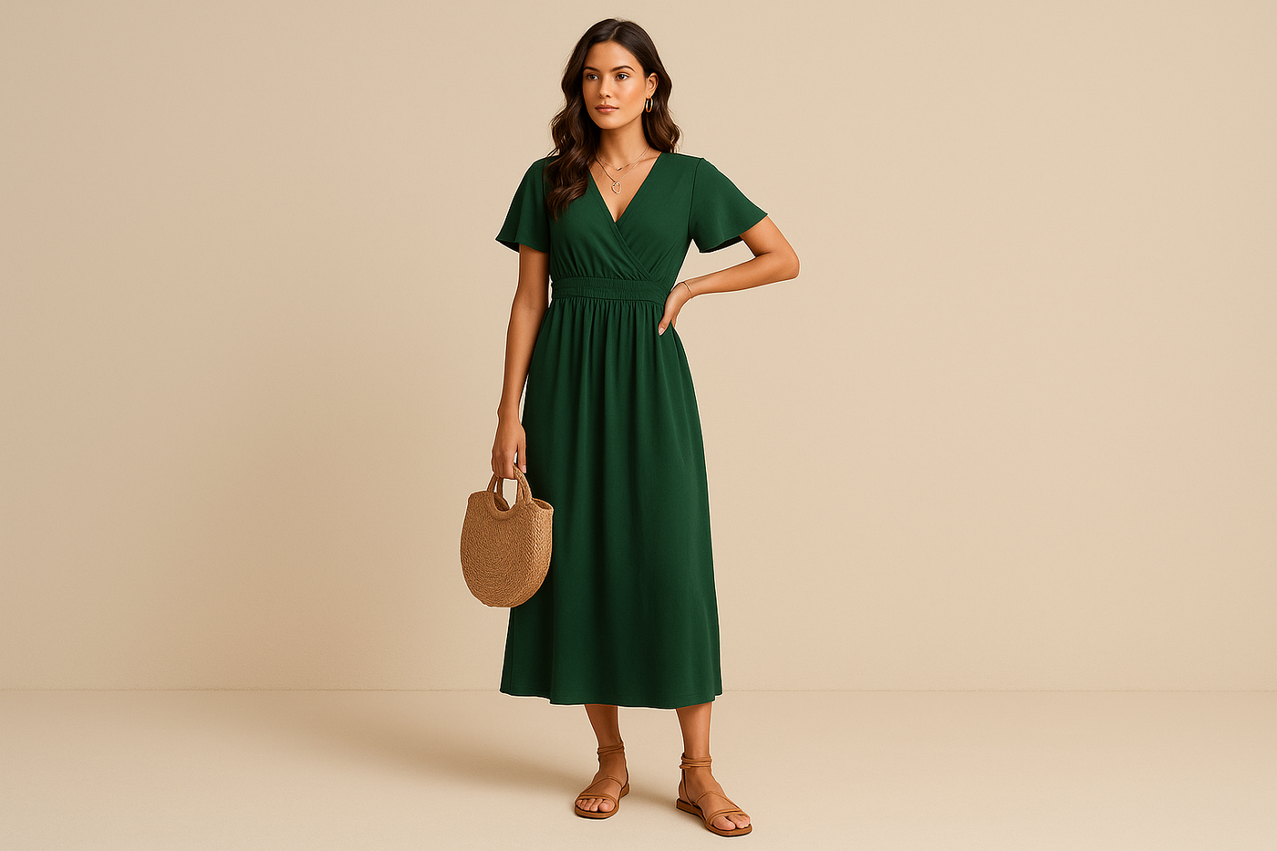Robe Midi Légère à Col V – Taille Élastique & Fente pour Été