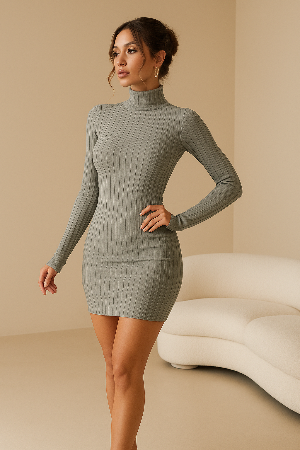 Robe Courte Pull Côtelée Col Roulé – Manches Longues