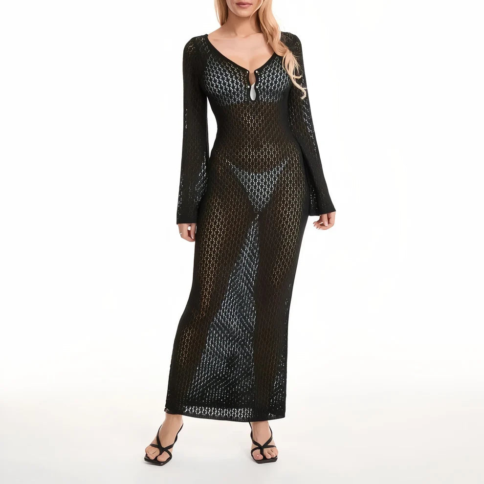 Langes Häkelkleid mit Trompetenärmeln – Boho Maxi