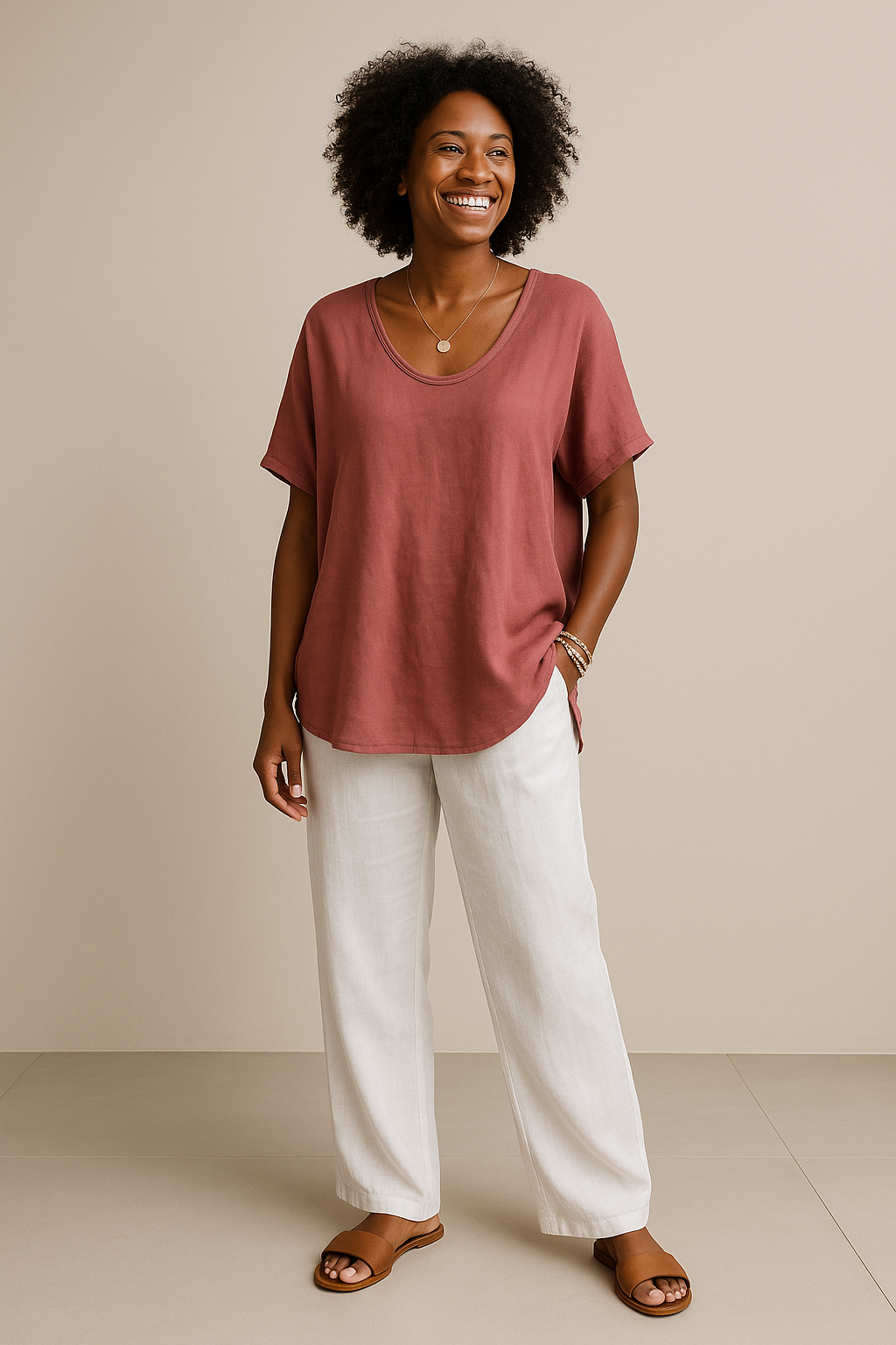 Altrosa T-Shirt aus Leinen für Damen – locker geschnitten, mit weißen Hosen