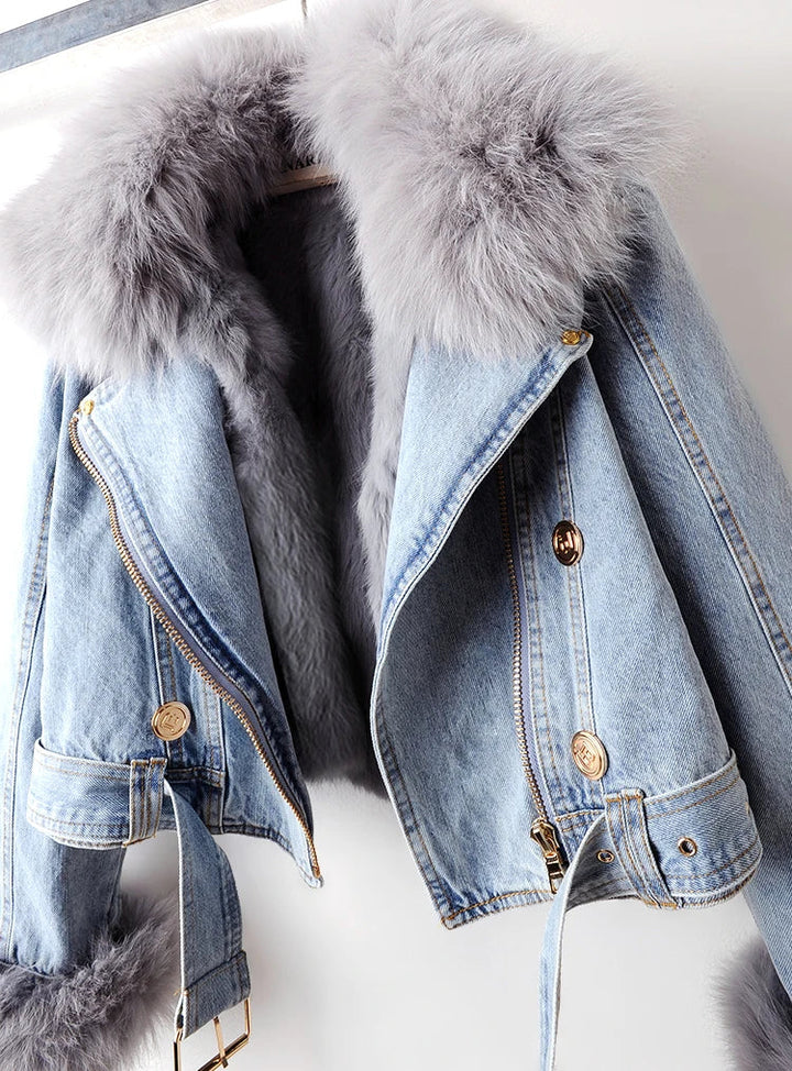 Damen Jeansjacke Mit Kunstpelzkragen – Warm Gefüttert Für Herbst & Winter