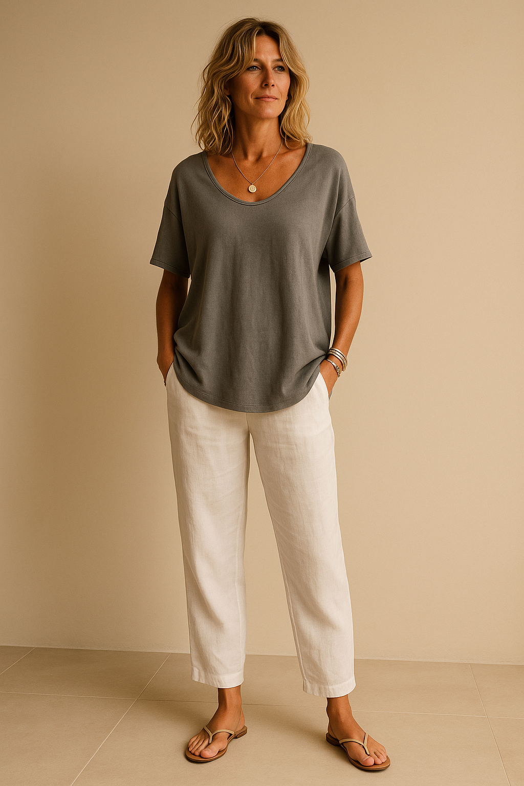 Frau trägt graues Leinen-T-Shirt mit weißer Hose – sommerliches Outfit