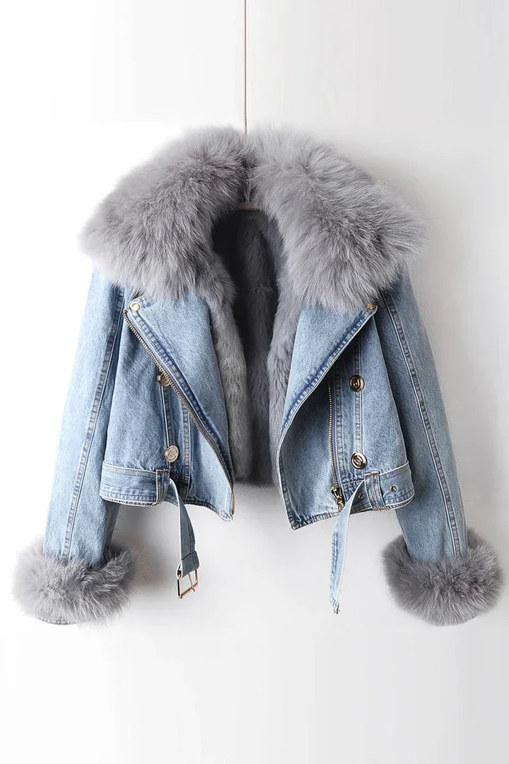 Damen Jeansjacke Mit Kunstpelzkragen – Warm Gefüttert Für Herbst & Winter
