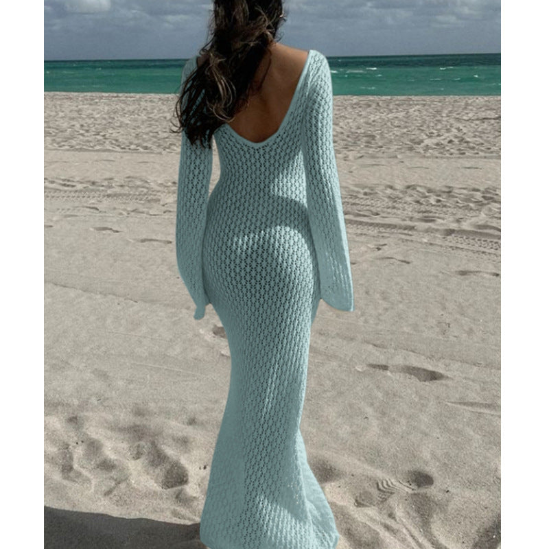 Langes Häkelkleid mit Trompetenärmeln – Boho Maxi