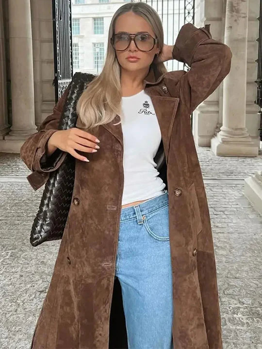 Eleganter Damen Trenchcoat aus Wildlederimitat