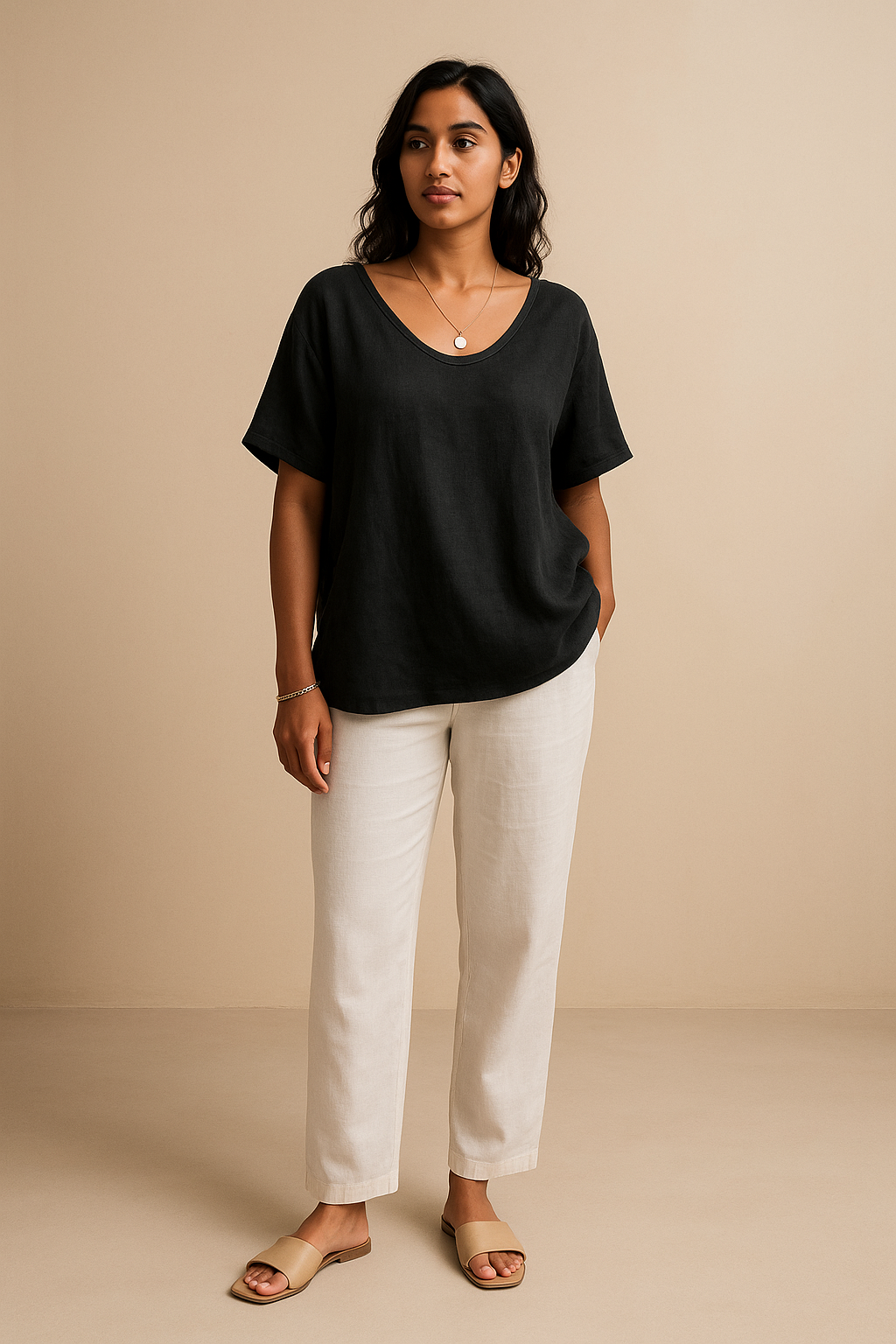 Schwarzes Damen-T-Shirt aus Leinen – minimalistischer Look für den Alltag