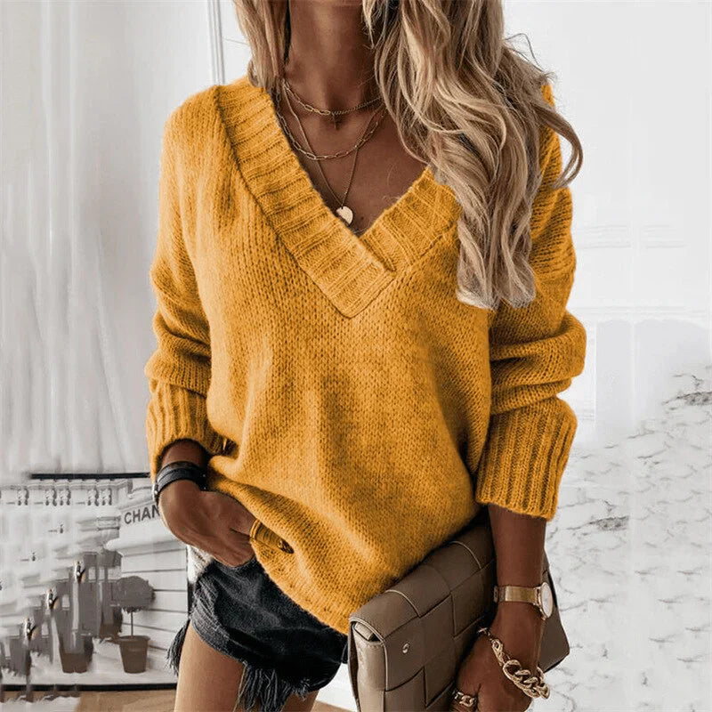 Orange Oversize Strickpullover für Damen mit V-Ausschnitt