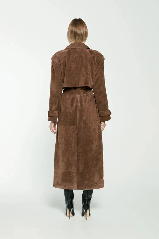 Eleganter Damenmantel braun Wildlederimitat Detailansicht