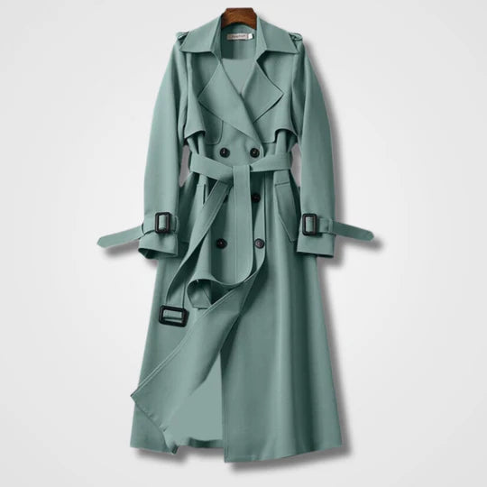 Damen Trenchcoat grün elegant langer Mantel mit Bindegürtel