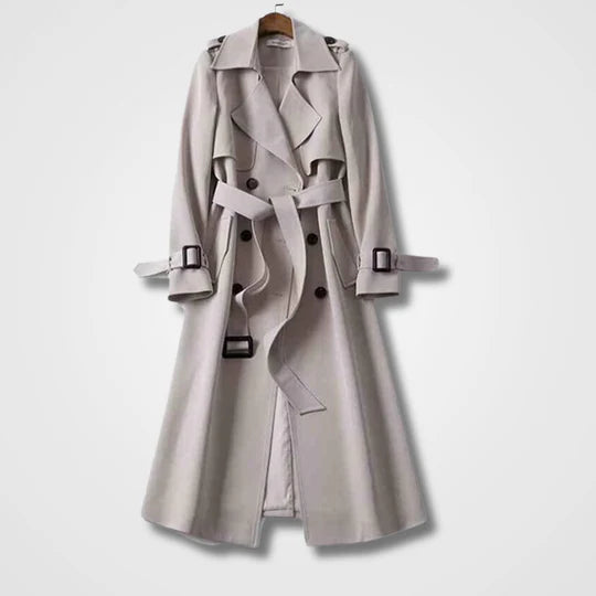 Damen Trenchcoat beige lang elegant Übergangsmantel mit Gürtel