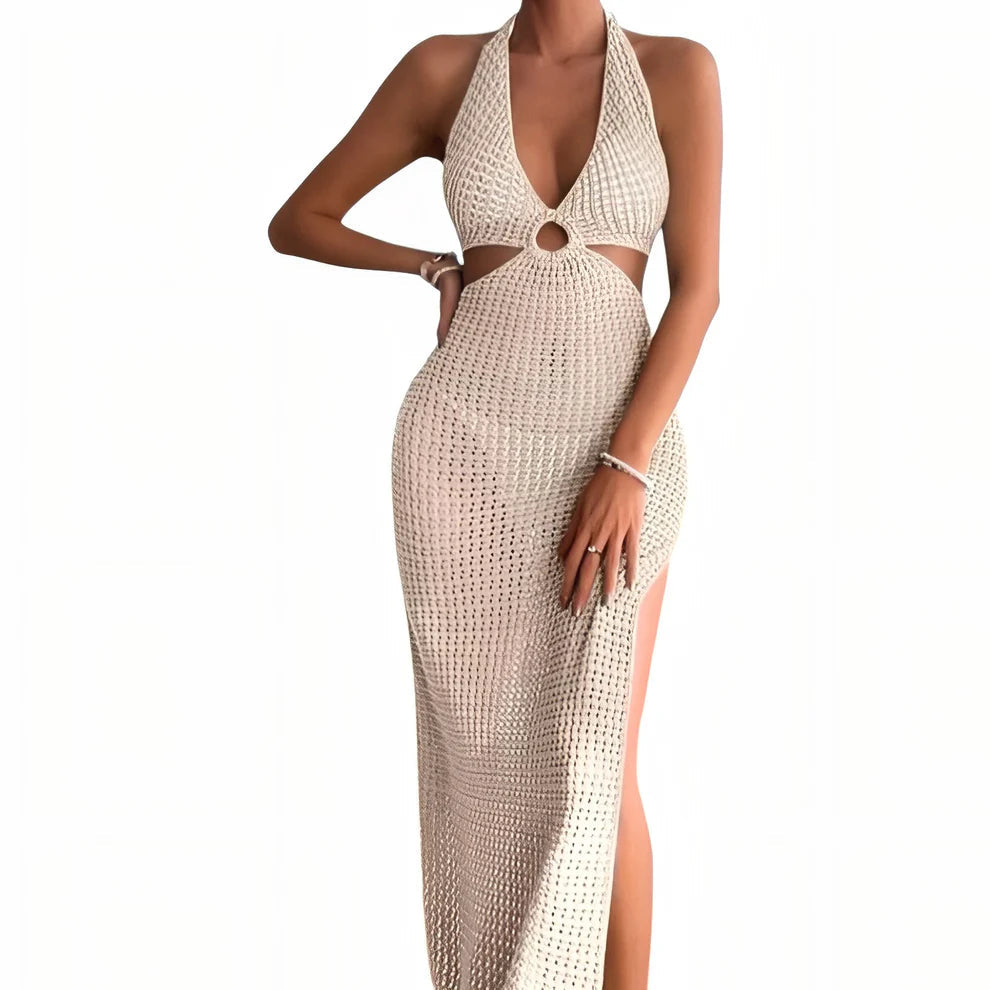 Langes Häkel-Strandkleid im Boho-Stil mit Rückenausschnitt