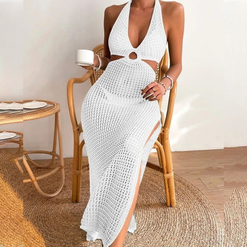 Langes Häkel-Strandkleid im Boho-Stil mit Rückenausschnitt