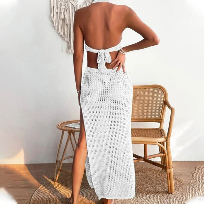 Langes Häkel-Strandkleid im Boho-Stil mit Rückenausschnitt