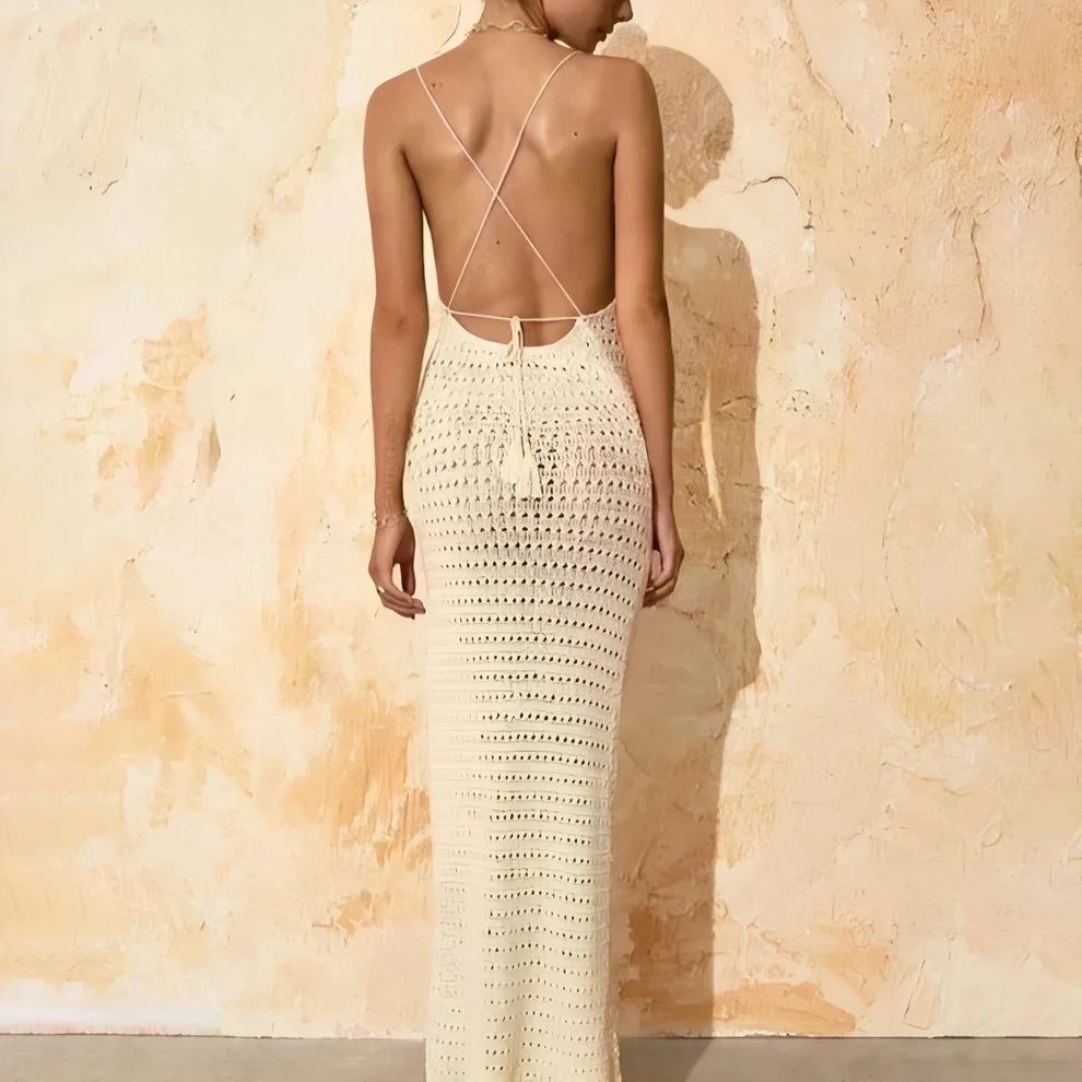 Gelbes Häkel-Maxikleid Rückenfrei – Boho Sommerkleid
