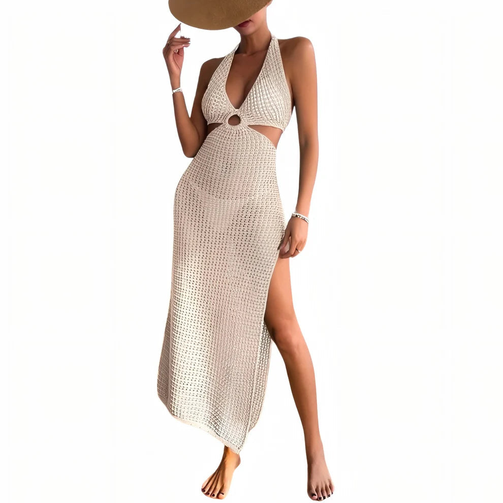 Langes Häkel-Strandkleid im Boho-Stil mit Rückenausschnitt