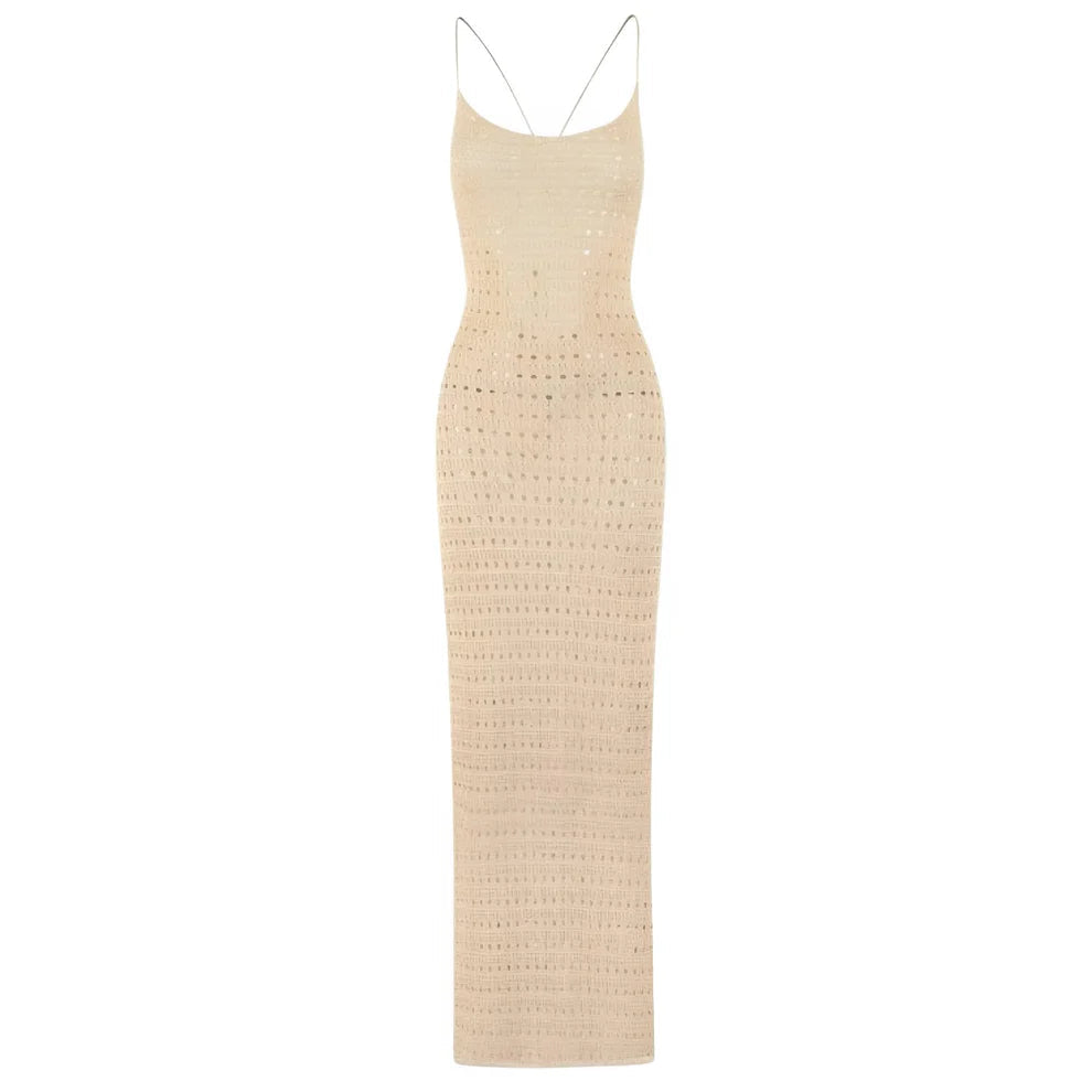 Gelbes Häkel-Maxikleid Rückenfrei – Boho Sommerkleid