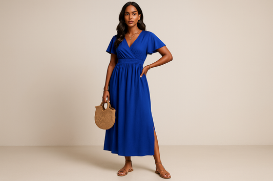 Robe Midi Légère à Col V – Taille Élastique & Fente pour Été