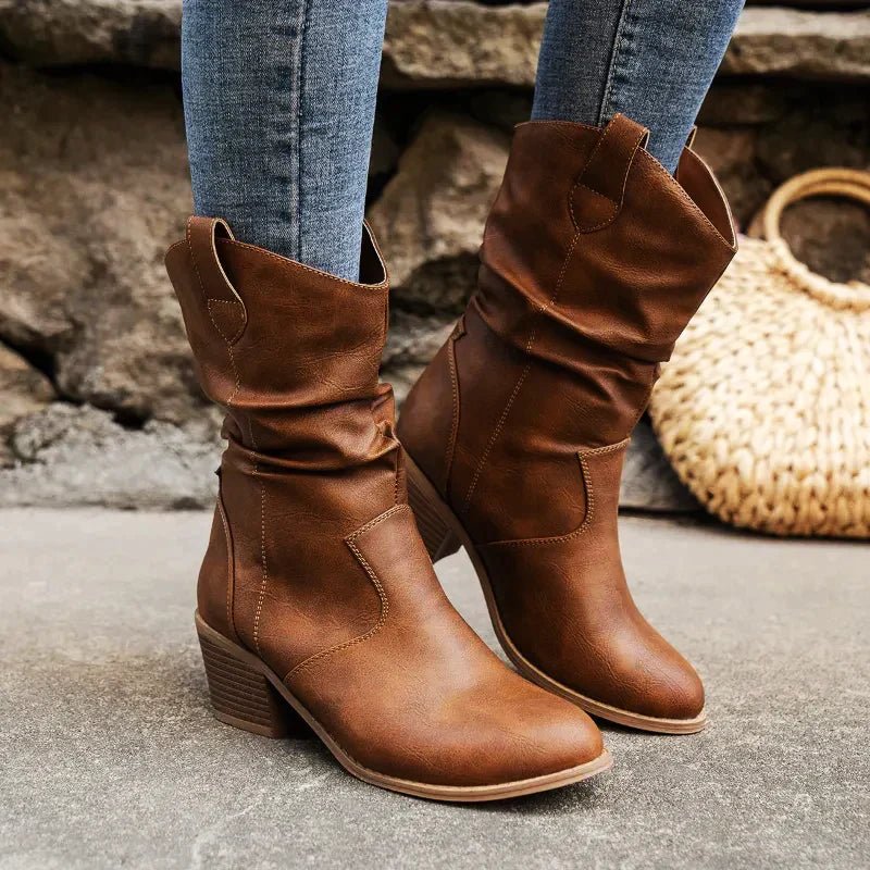 Damen Cowboy Stiefel Mit Falten-Optik – Western Boots Mit Blockabsatz