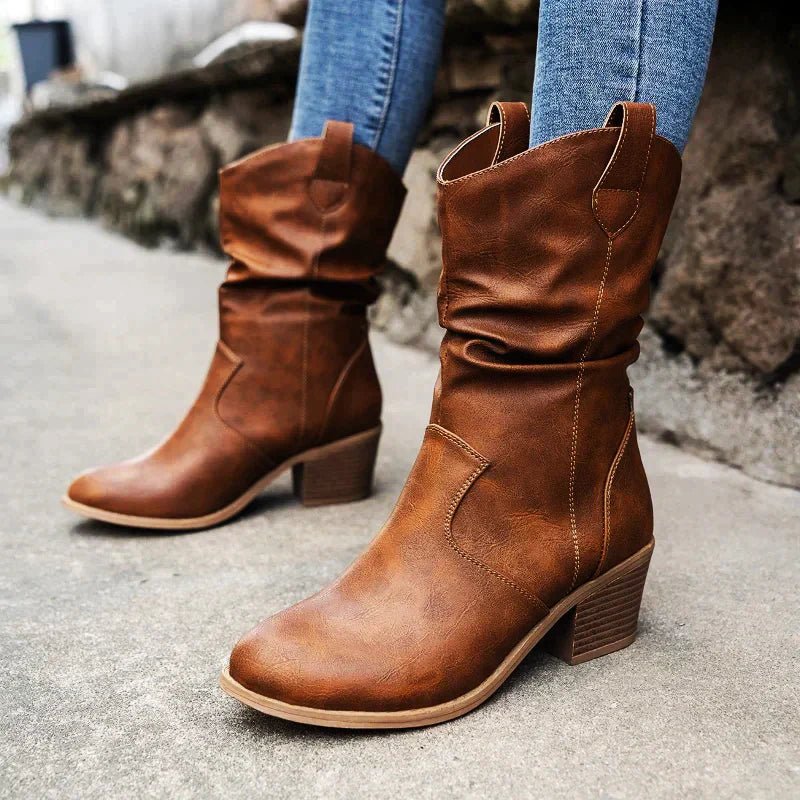 Damen Cowboy Stiefel Mit Falten-Optik – Western Boots Mit Blockabsatz