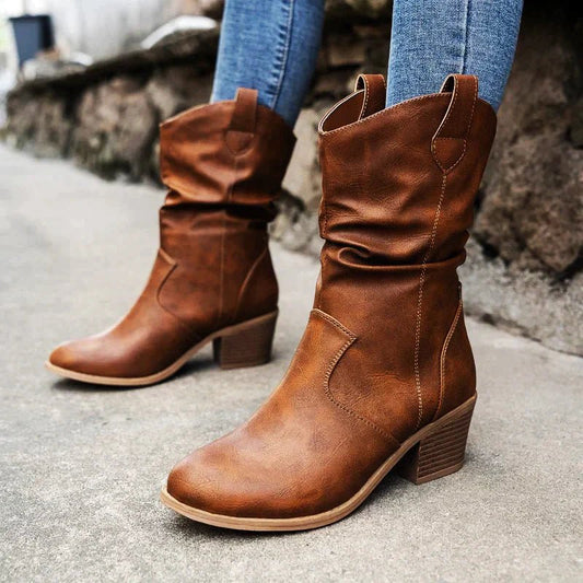 Damen Cowboy Stiefel Mit Falten-Optik – Western Boots Mit Blockabsatz