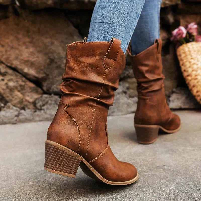 Damen Cowboy Stiefel Mit Falten-Optik – Western Boots Mit Blockabsatz