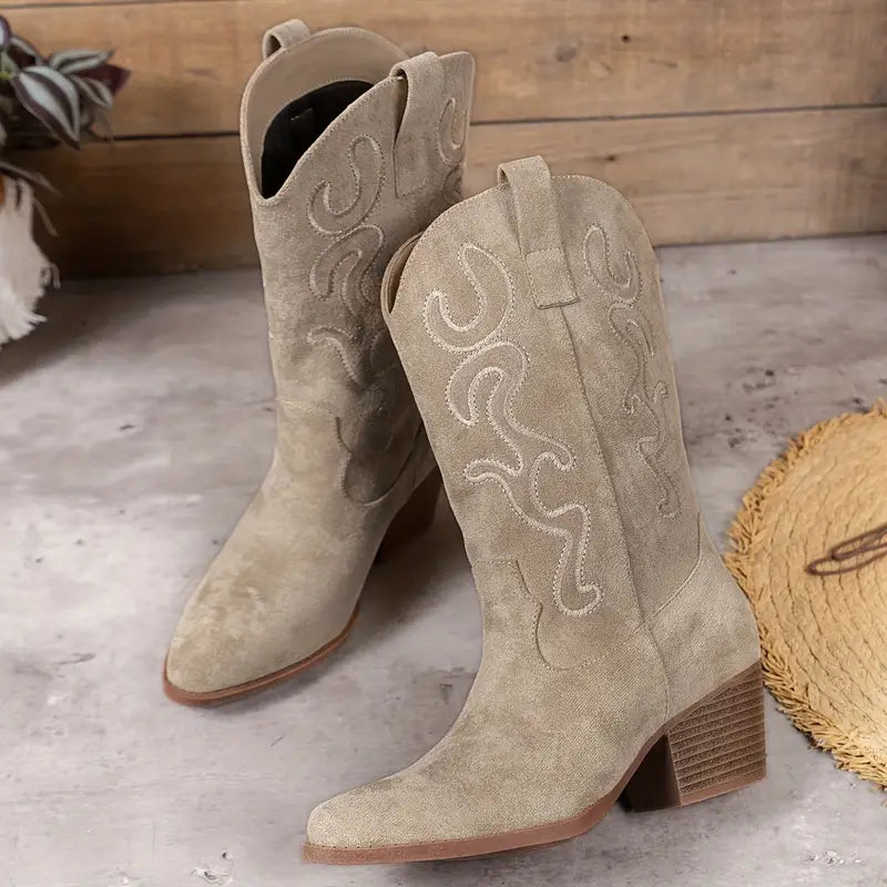 Damen Cowboy Stiefel – Western Style Mit Stickerei & Blockabsatz