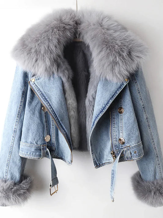 Damen Jeansjacke Mit Kunstpelzkragen – Warm Gefüttert Für Herbst & Winter