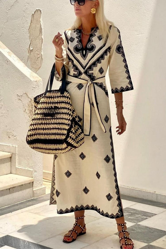 Sommerliches Boho Maxikleid Damen – Lockerer Schnitt, Bindegürtel, Creme-Schwarz