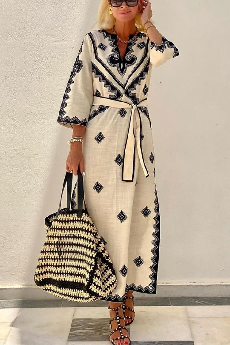 Sommerliches Boho Maxikleid Damen – Lockerer Schnitt, Bindegürtel, Creme-Schwarz