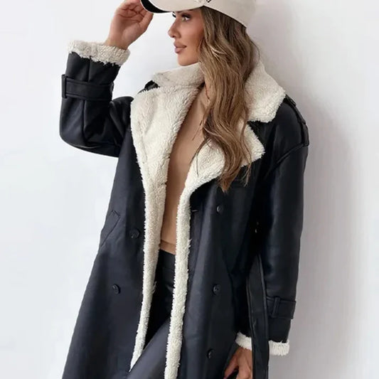 Damen Mantel Mit Teddyfutter – Langer Kunstledermantel Gefüttert Für Herbst & Winter