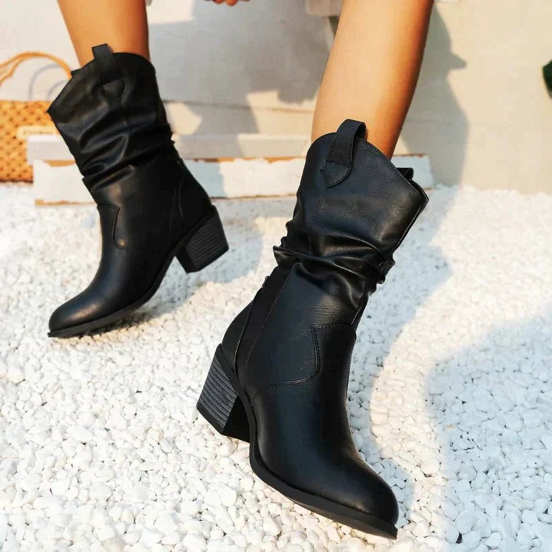 Damen Cowboy Stiefel Mit Falten-Optik – Western Boots Mit Blockabsatz