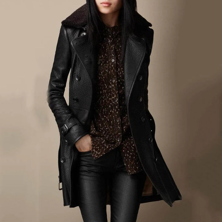 Damenmantel Kunstleder Schwarz Mit Shearlingkragen Für Herbst & Winter