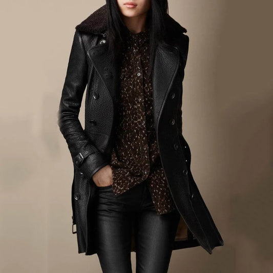 Damenmantel Kunstleder Schwarz Mit Shearlingkragen Für Herbst & Winter