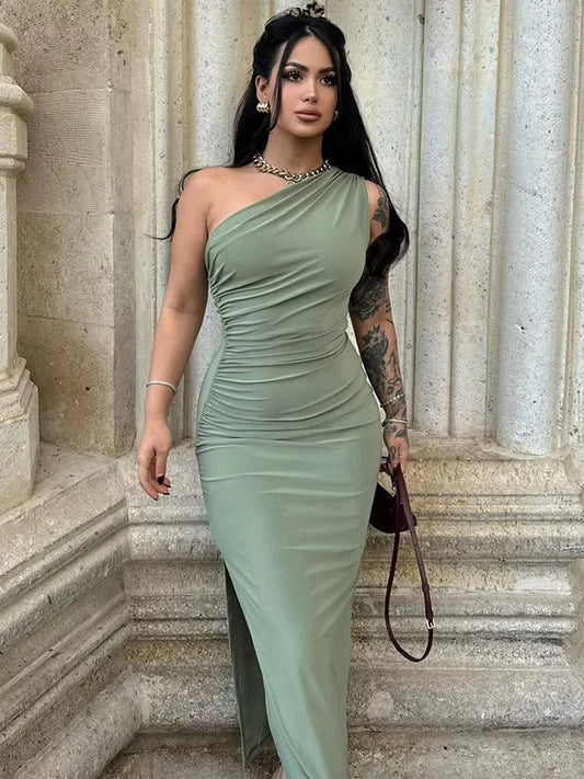 Abendkleid Damen – Asymmetrisches Maxikleid mit hohem Schlitz, Salbeigrün/Schwarz