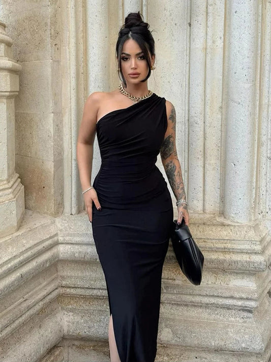 Abendkleid Damen – Asymmetrisches Maxikleid mit hohem Schlitz, Salbeigrün/Schwarz