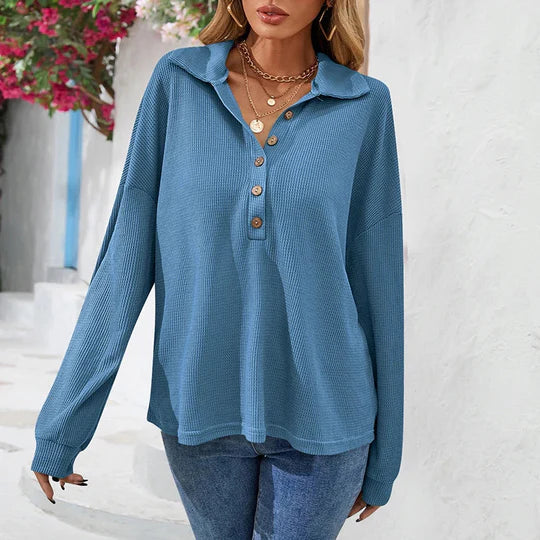 Damen Langarmshirt blau mit V-Ausschnitt und Knopfleiste Freizeitlook