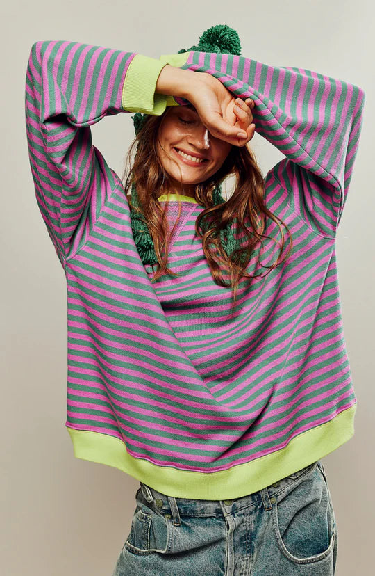 Damen Oversize Sweatshirt pink grün gestreift legerer Freizeitlook
