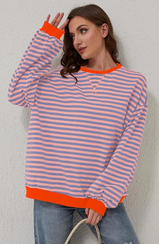 Damen Oversize Sweatshirt rosa lila orange gestreift auffälliges Design