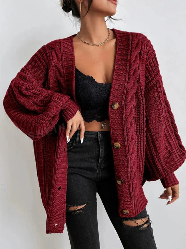 Rote Strickjacke mit Zopfmuster und Knopfleiste Damen