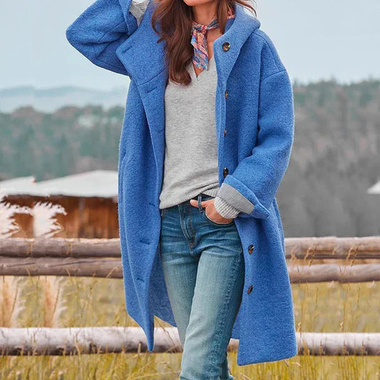 Blauer Damen Wollmantel mit Kapuze – warm & elegant für Winter