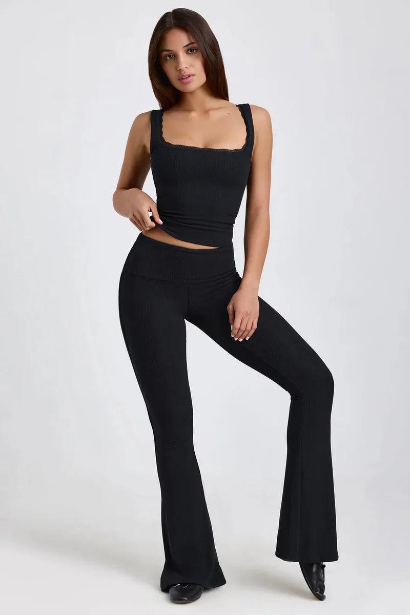 Damen Zweiteiler Top & Schlaghose – Elegant & Bequem – Schwarz/Grau