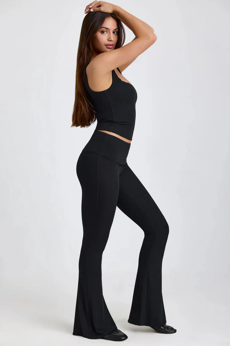 Damen Zweiteiler Top & Schlaghose – Elegant & Bequem – Schwarz/Grau