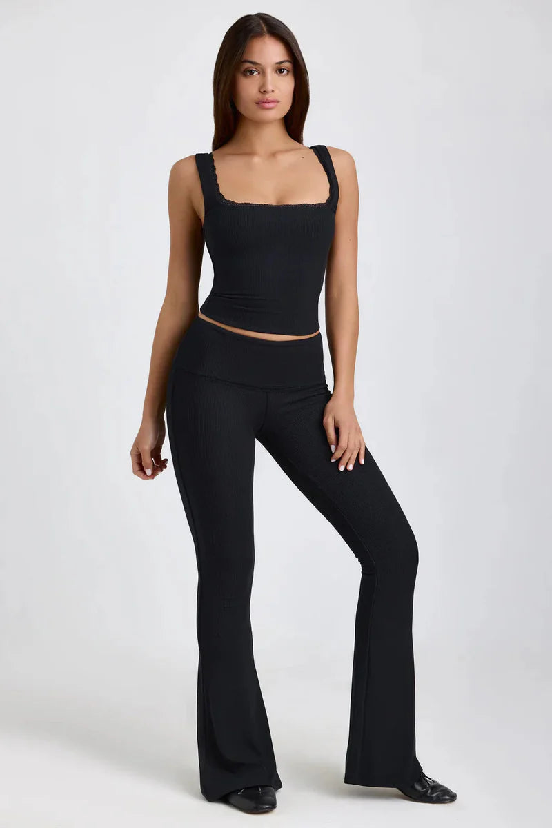 Damen Zweiteiler Top & Schlaghose – Elegant & Bequem – Schwarz/Grau