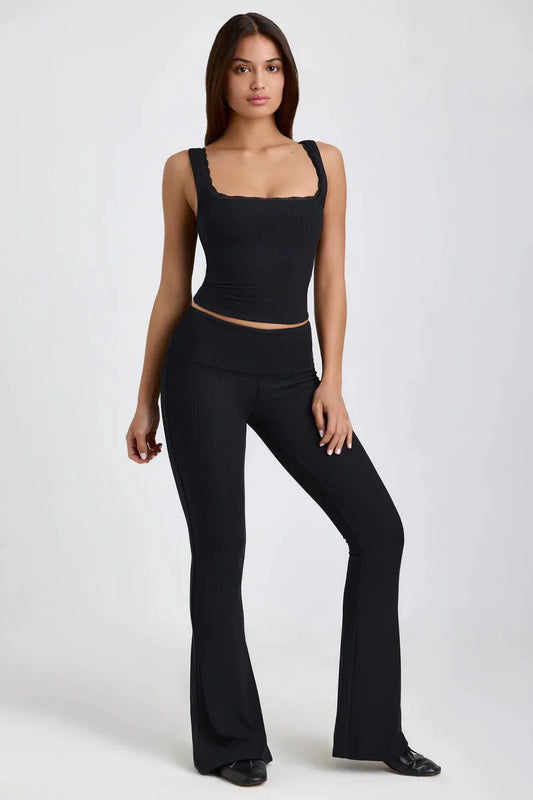 Damen Zweiteiler Top & Schlaghose – Elegant & Bequem – Schwarz/Grau