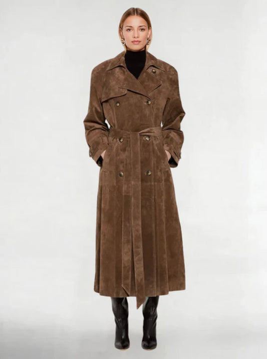 Damen_Trenchcoat_braun_Wildlederimitat_elegant_Herbstmode