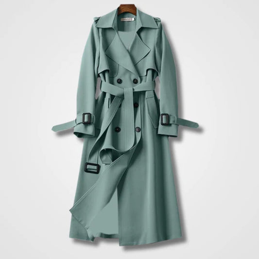 Damen Trenchcoat grün elegant langer Mantel mit Bindegürtel