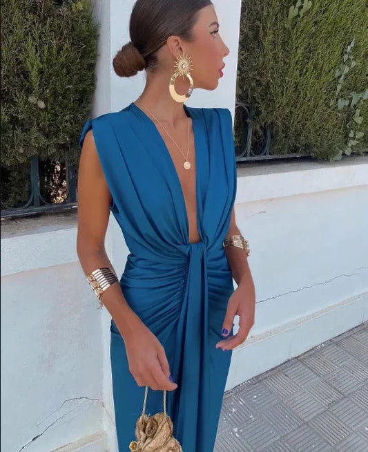 Robe De Soirée Midi Sans Manches – Décolleté Plongeant Élégant
