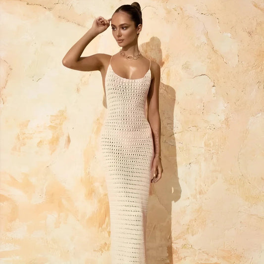 Gelbes Häkel-Maxikleid Rückenfrei – Boho Sommerkleid